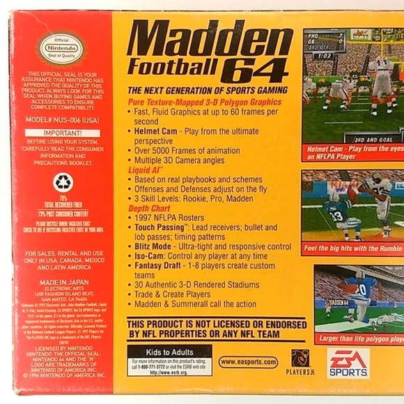 Madden Football 64, N64 Original Retail Box and All Original Manuals 1997 - Picture 5 of 17